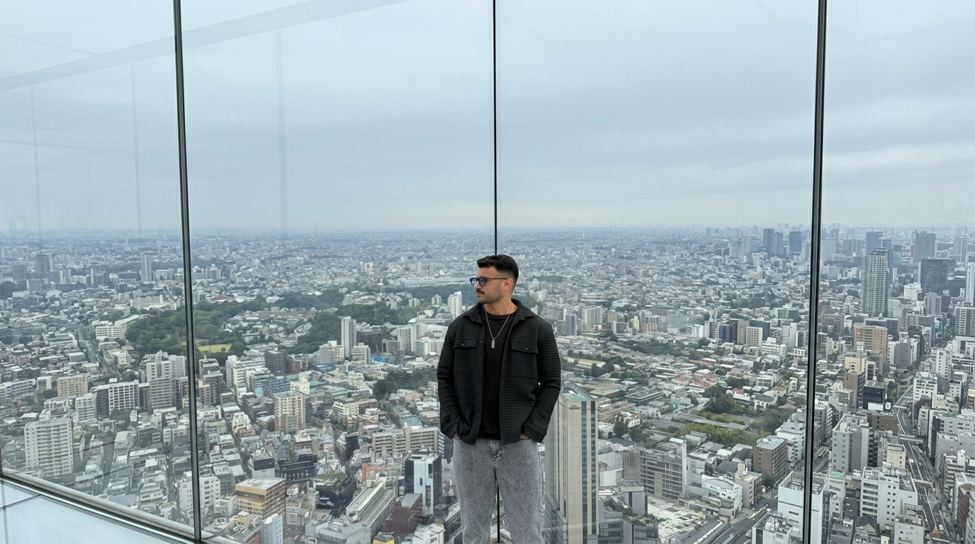 Muhammed Roshan above the Tokyo skyline